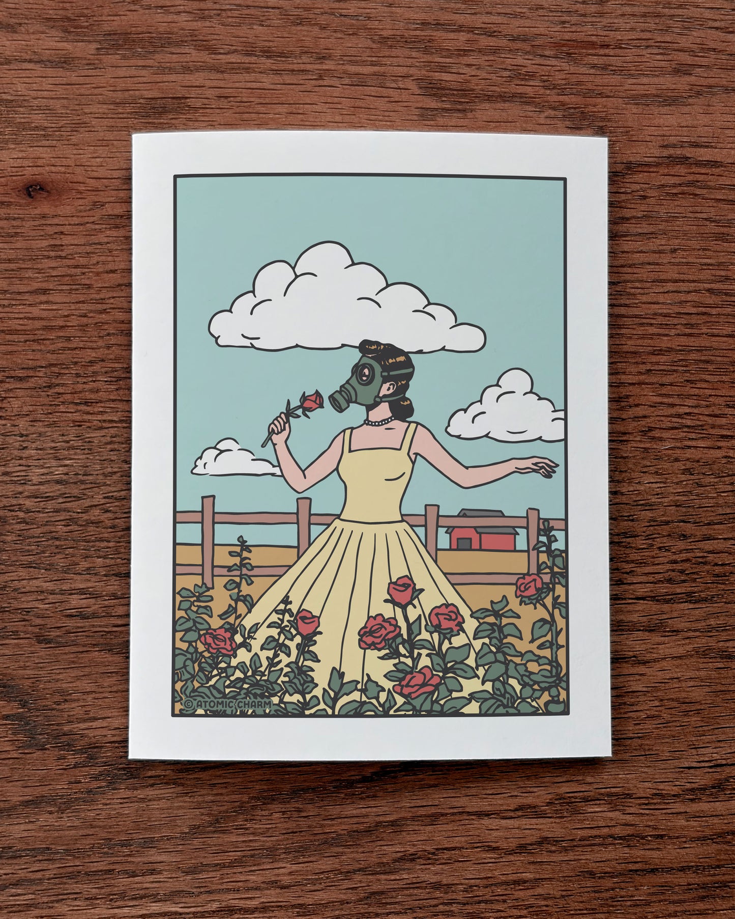 Floral Gas Mask (Smelling Roses) - Greeting Card