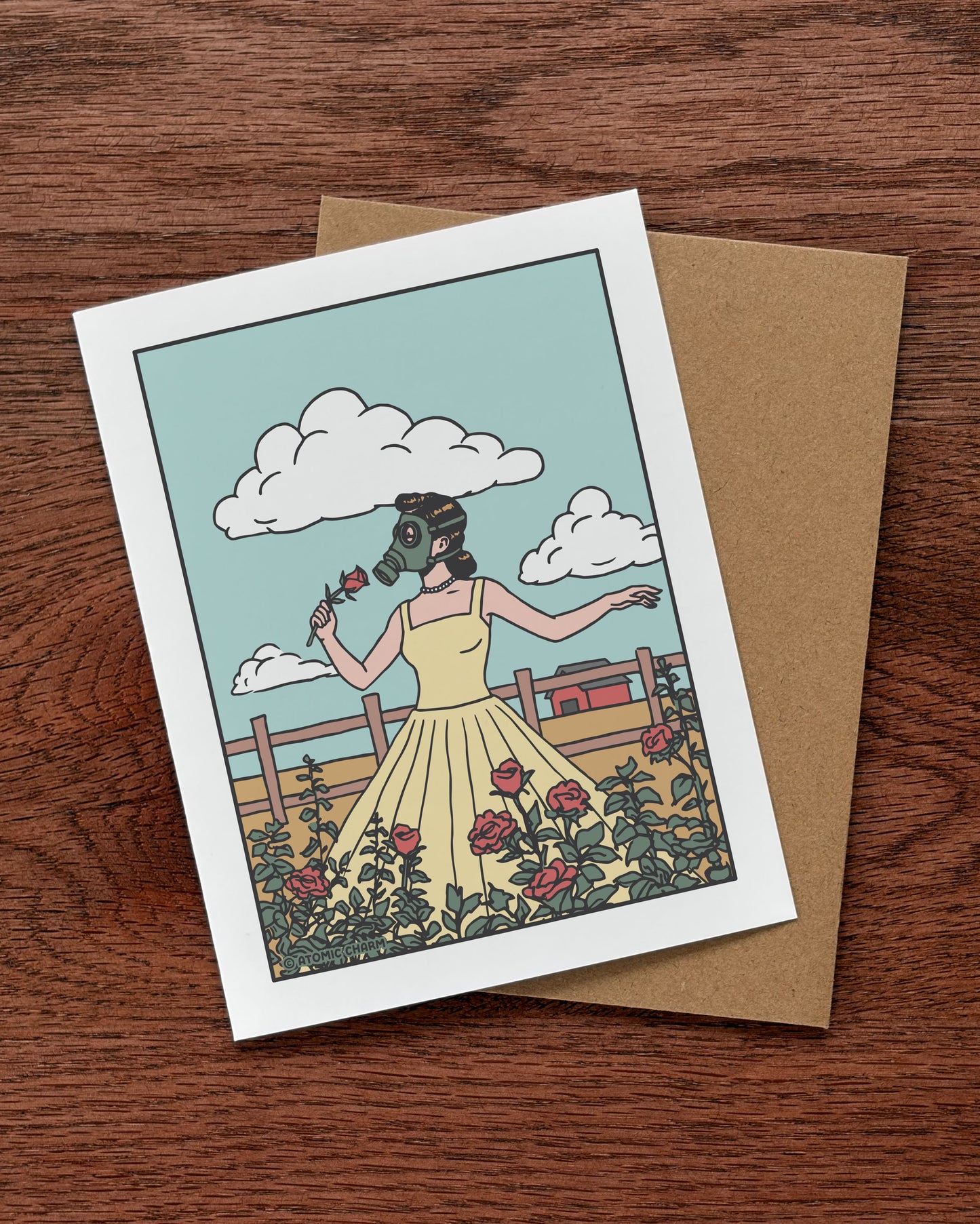 Floral Gas Mask (Smelling Roses) - Greeting Card